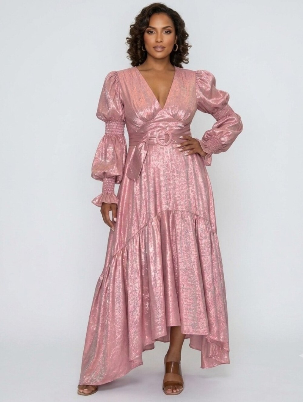 Victorian Blush Pink Maxi Hi/Low Dress with Puff Sleeves
